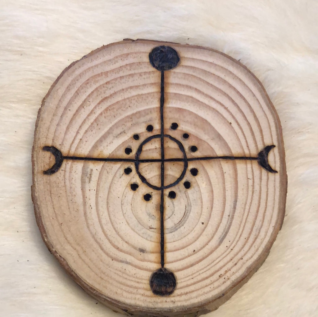 Woodburned Norse Altar Disc -Solar and Lunar Stave