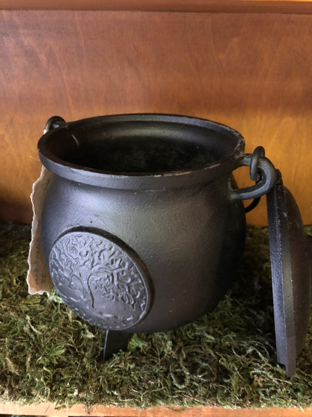 Large 5" x 5" Cast Iron Cauldron with Lid and Yggdrasil