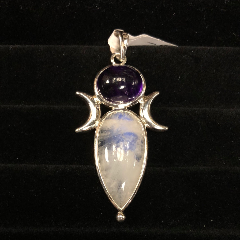 Large Sterling Silver Moonstone and Amethyst Pendant