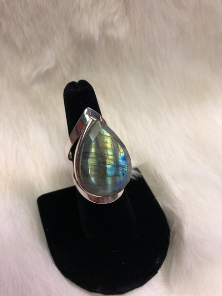 Sterling Silver Faceted Tear Drop Labradorite Ring