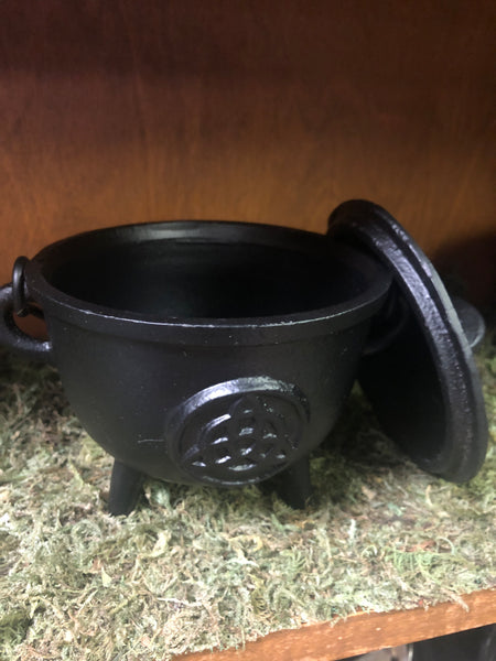 5" Cast Iron Cauldron with Lid and Triquetra