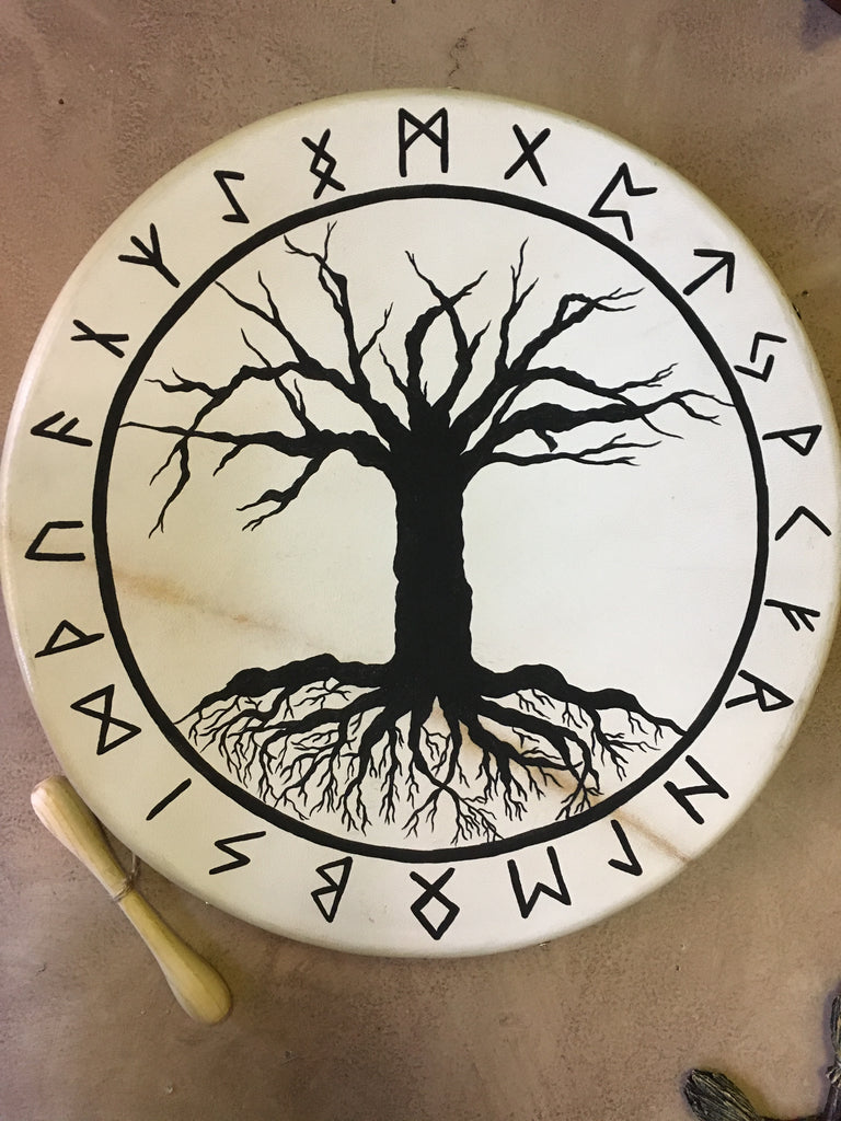 Nordic Bodhran Drum with Yggdrasil and Runes