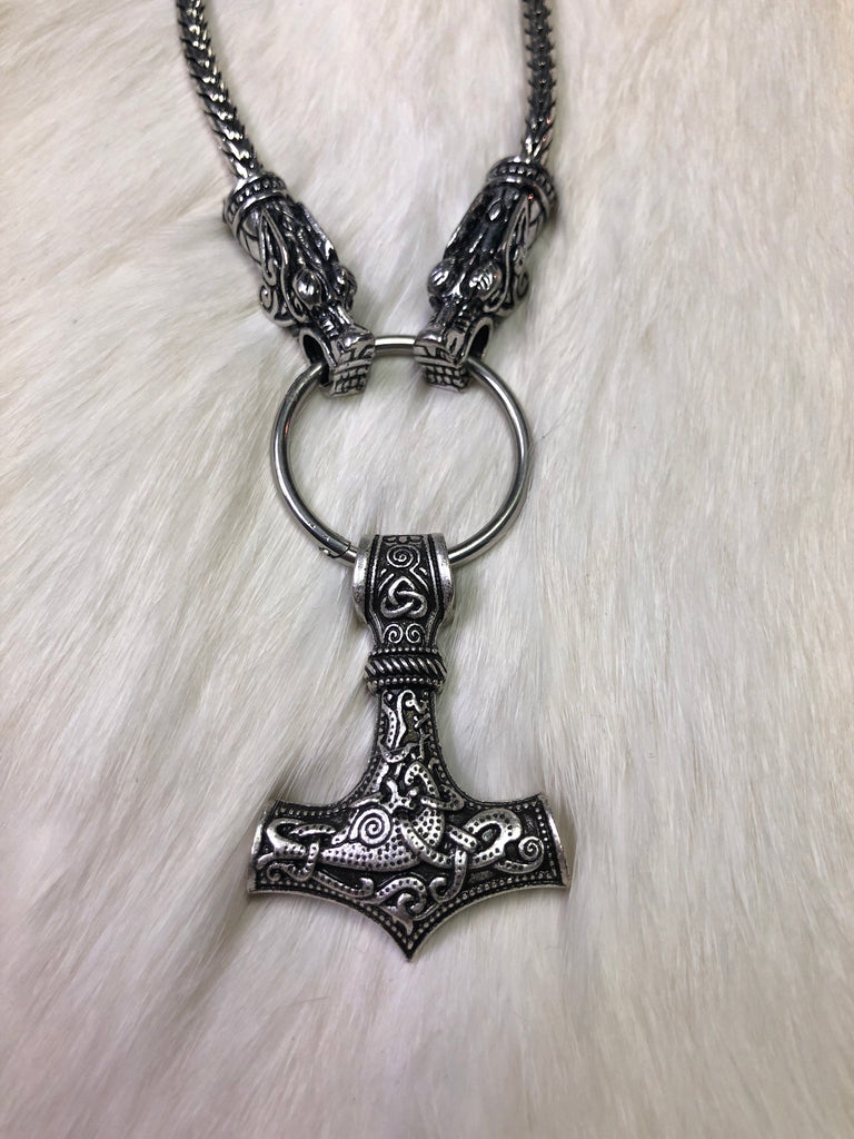 Mjolnir on Metal Ring with Two Dragon Heads