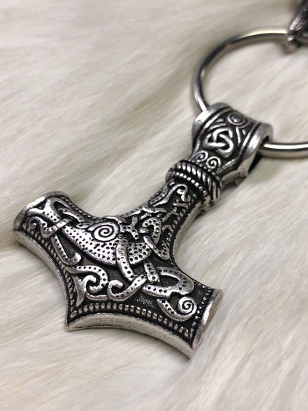 Mjolnir on Metal Ring with Two Raven Heads