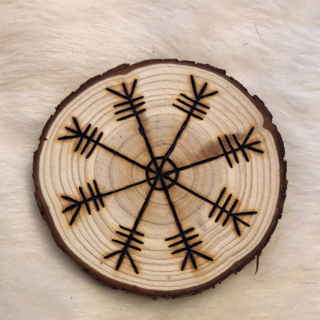 Woodburned Norse Altar Disc - Aegishjalmar (Helm of Awe)