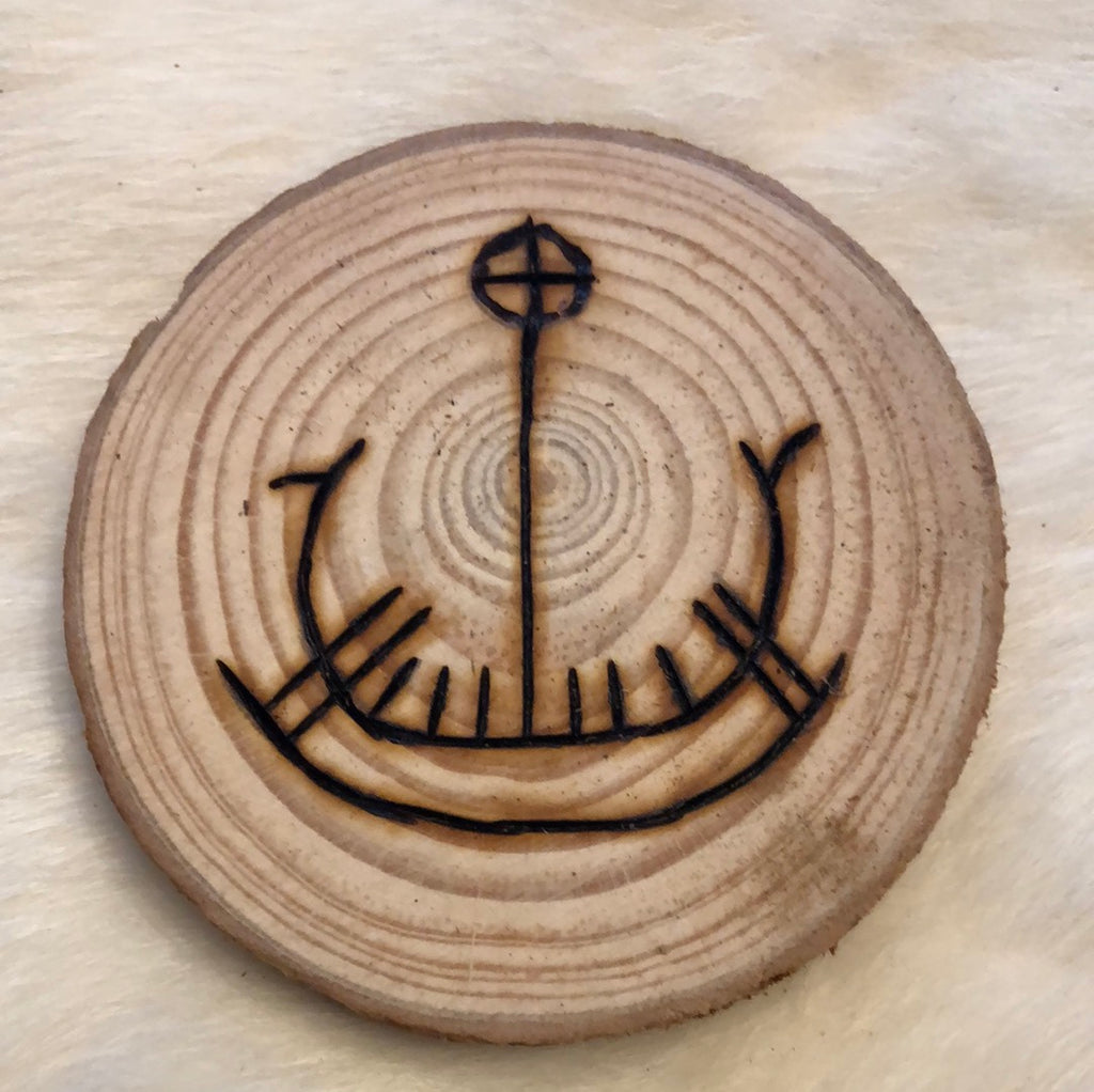 Woodburned Norse Altar Disc - Viking Ship