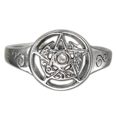 Sterling Silver Crescent Moon Pentacle Ring with Rainbow Moonstone