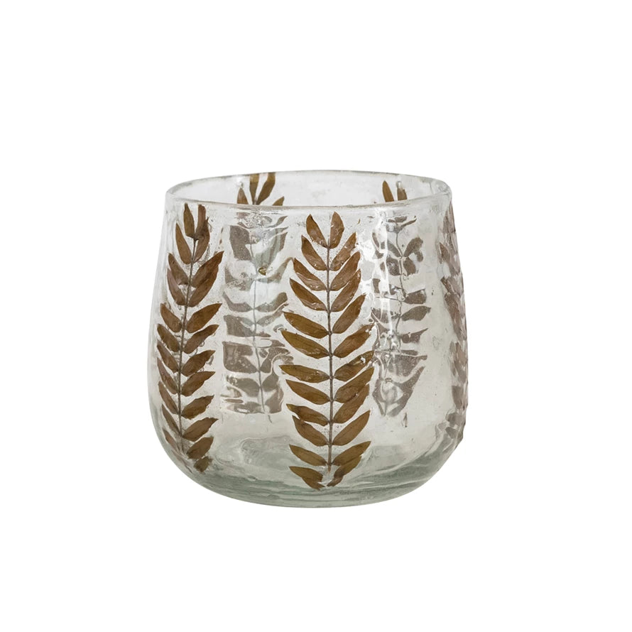 Hand-Blown Glass Votive Holder with Embedded Natural Botanical